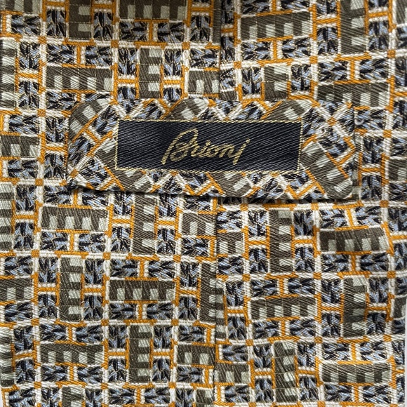 BRIONI Italian Silk Tie Geometric Taupe Gold Olive Green - Picture 2 of 2